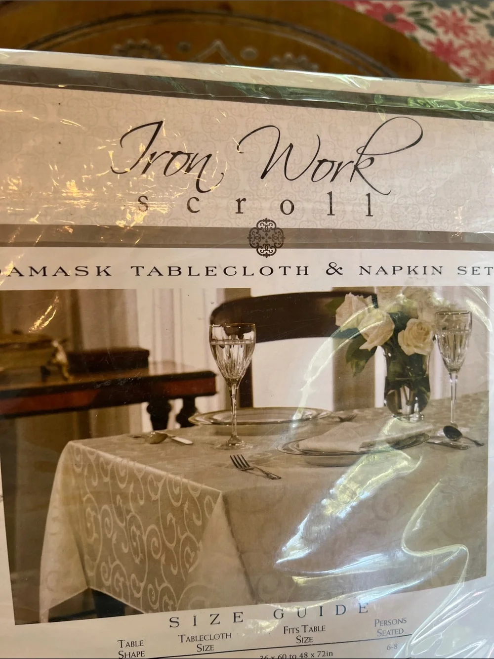 Vintage 60x104 oblong Iron Work Scroll Damask White Tablecloth & 6 Napkin Set.